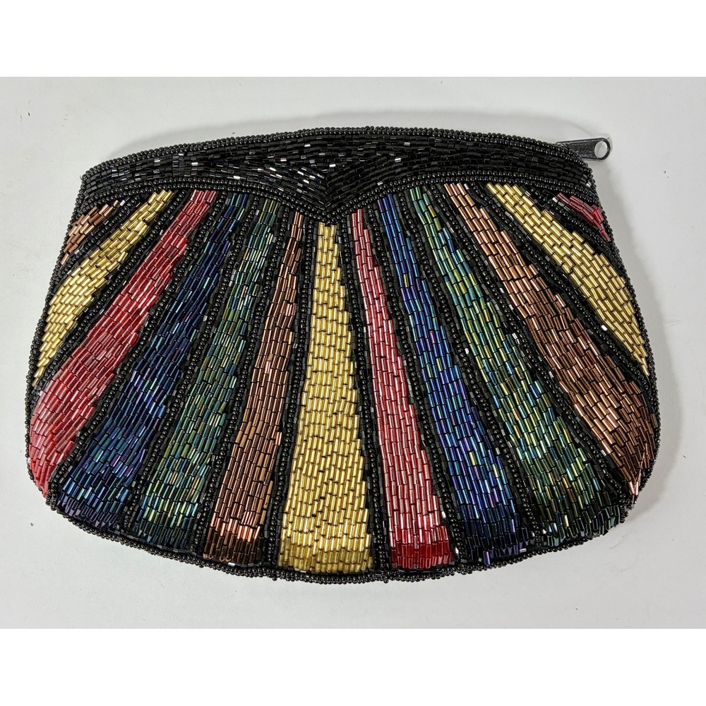 Vintage Rainbow Beaded Sunburst Clutch Evening Bag "80s does 20s" Bead Purse